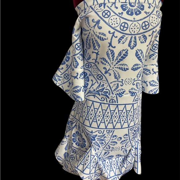 Blue & white tile grand millennial print off shoulder ruffle flounce mini dress - Picture 2 of 9